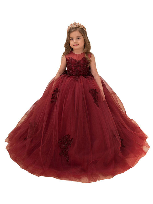 Jewel Neck Lace Sleeveless Ankle Length Ball Gown Applique Kids Pageant flower girl dresses