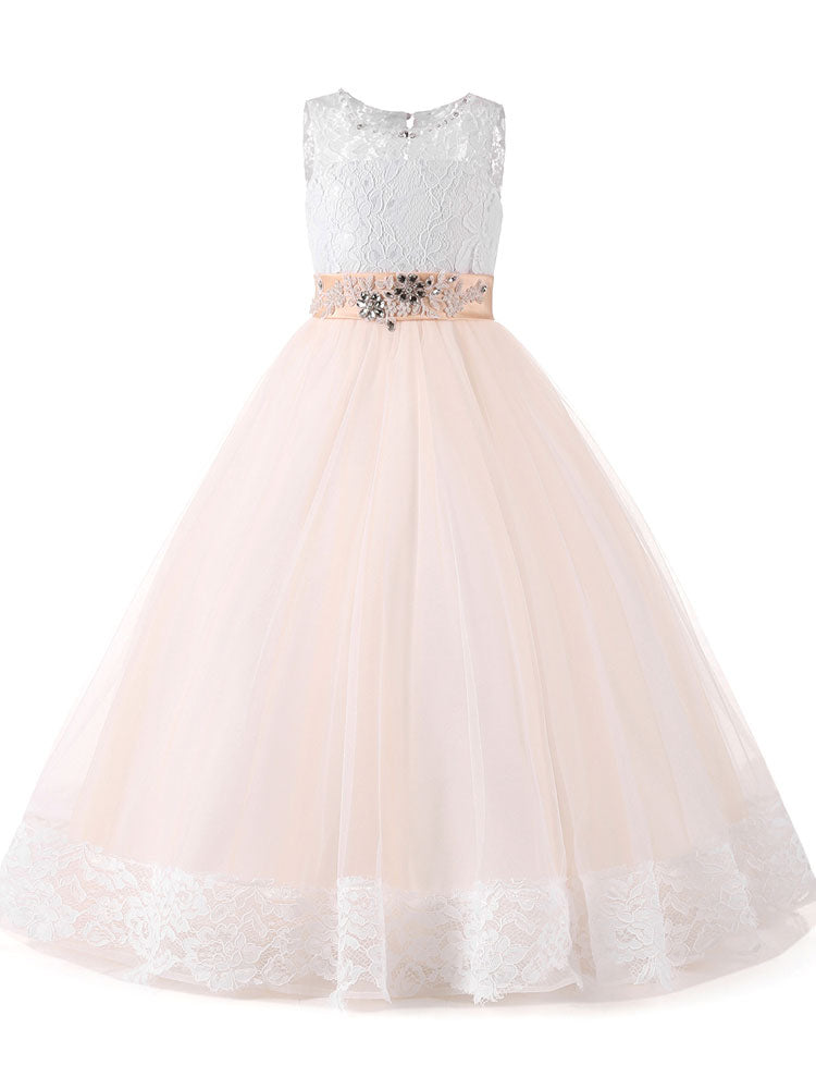 Jewel Neck Lace Sleeveless Ankle Length Ball Gown Studded Kids Pageant flower girl dresses