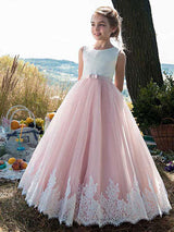Jewel Neck Lace Sleeveless Ankle-Length Princess Bows Kids Social Pageant Dresses
