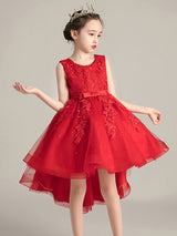Jewel Neck Lace Sleeveless Short A-Line Bows Red Kids Social Party Dresses
