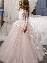 Jewel Neck Long Sleeves Butterfly Formal Kids Princess flower girl dress