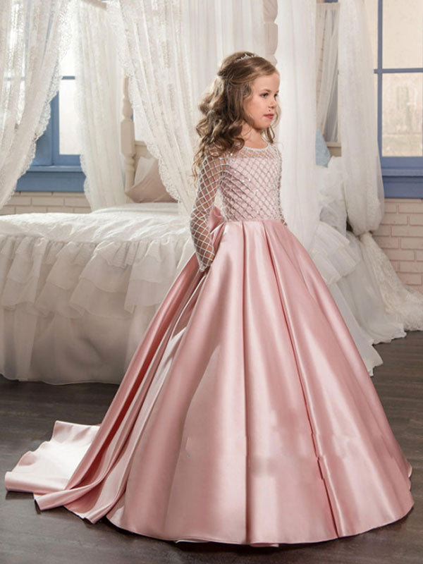 Jewel Neck Long Sleeves Buttons Formal Kids Pageant flower girl dresses