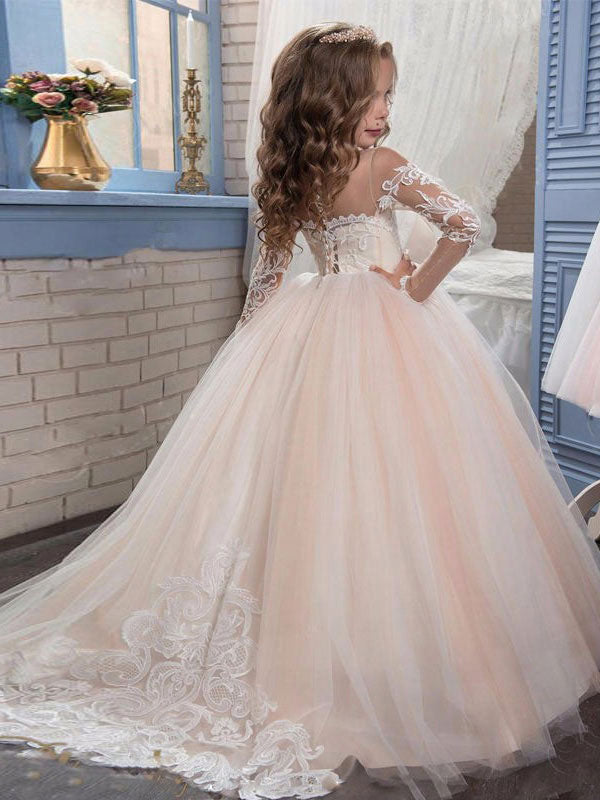 Jewel Neck Long Sleeves Lace Formal Kids Pageant flower girl dresses