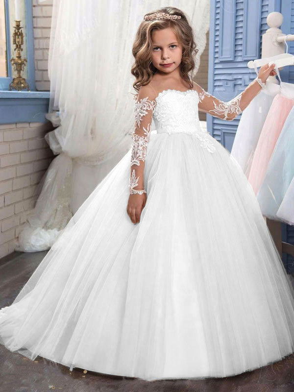 Jewel Neck Long Sleeves Lace Formal Kids Pageant flower girl dresses