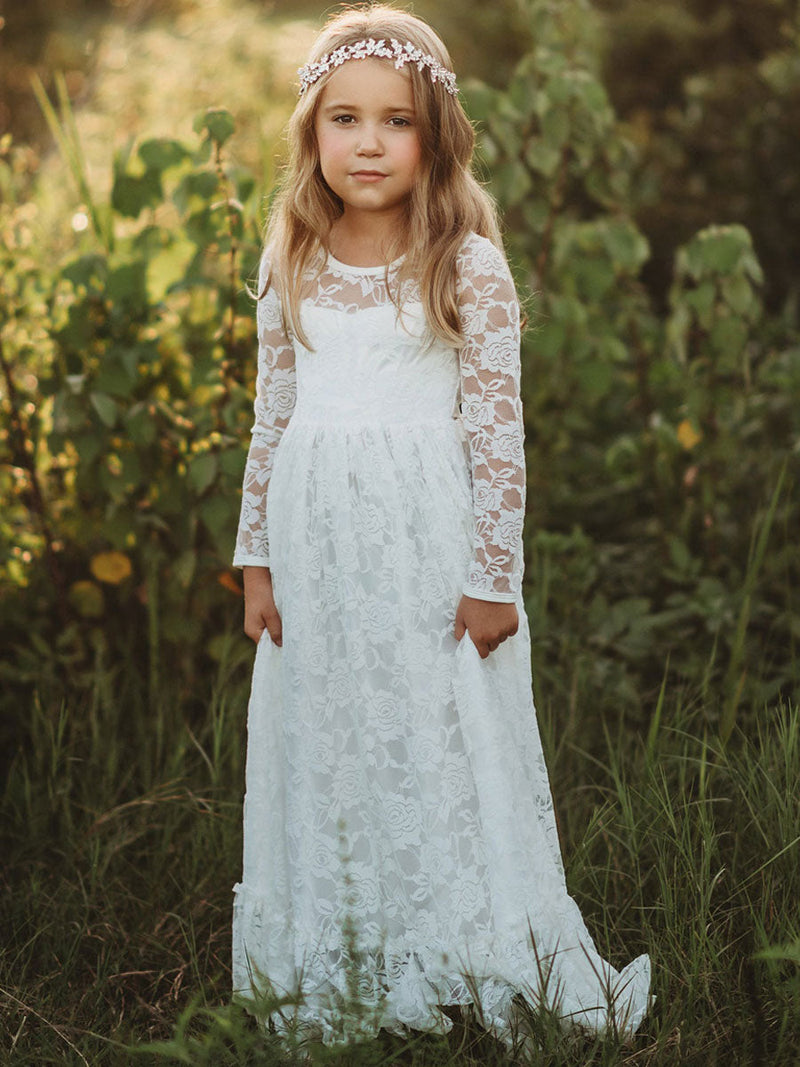 Jewel Neck Long Sleeves Lace Kids Social Party Dresses