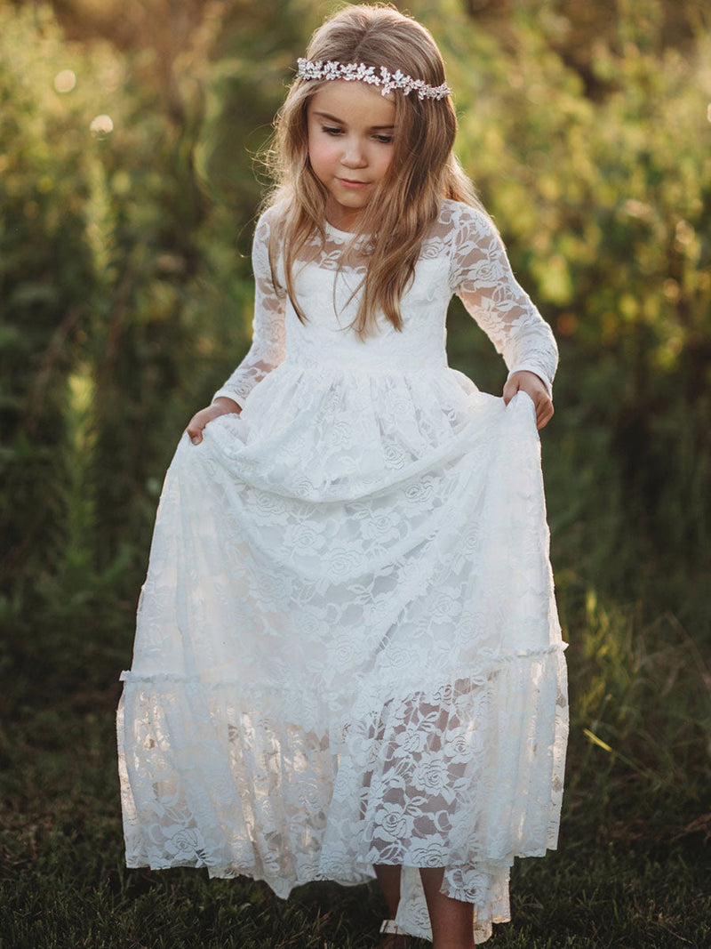 Jewel Neck Long Sleeves Lace Kids Social Party Dresses
