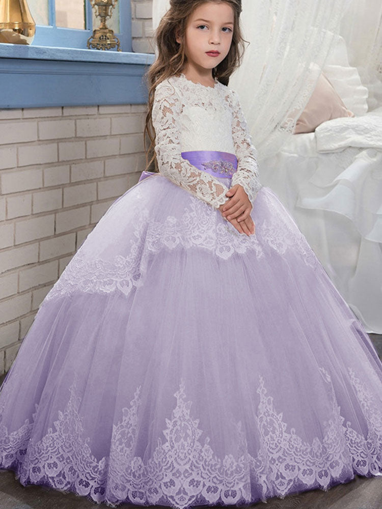 Jewel Neck Long Sleeves Sash Formal Kids Pageant flower girl dresses