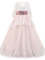 Jewel Neck Long Sleeves Sash Formal Kids Pageant flower girl dresses