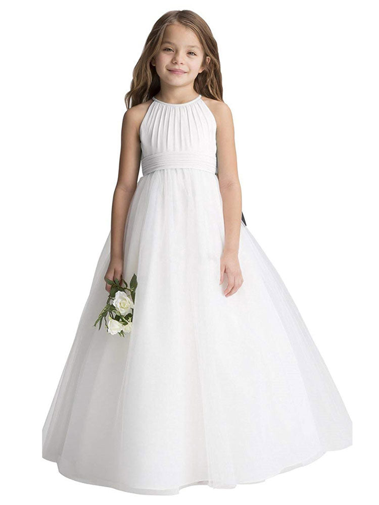 Jewel Neck Organza Sleeveless Ankle Length Princess Pleated Kids Party Dresses