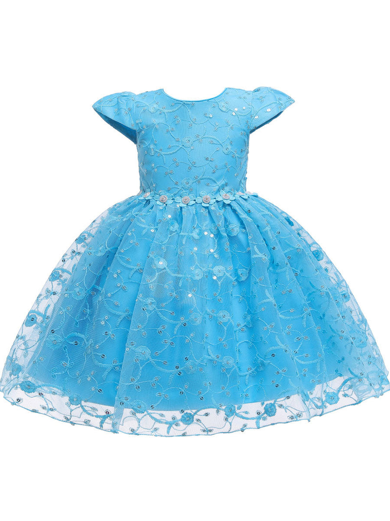 Jewel Neck Polyester Cotton Short Sleeves Short Princess Flowers Kids Social Party Dresses