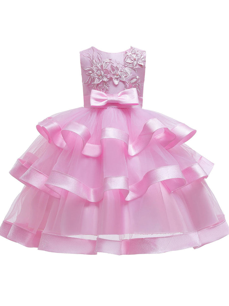 Jewel Neck Polyester Cotton Sleeveless Short Princess Bows Formal Kids Pageant Dress