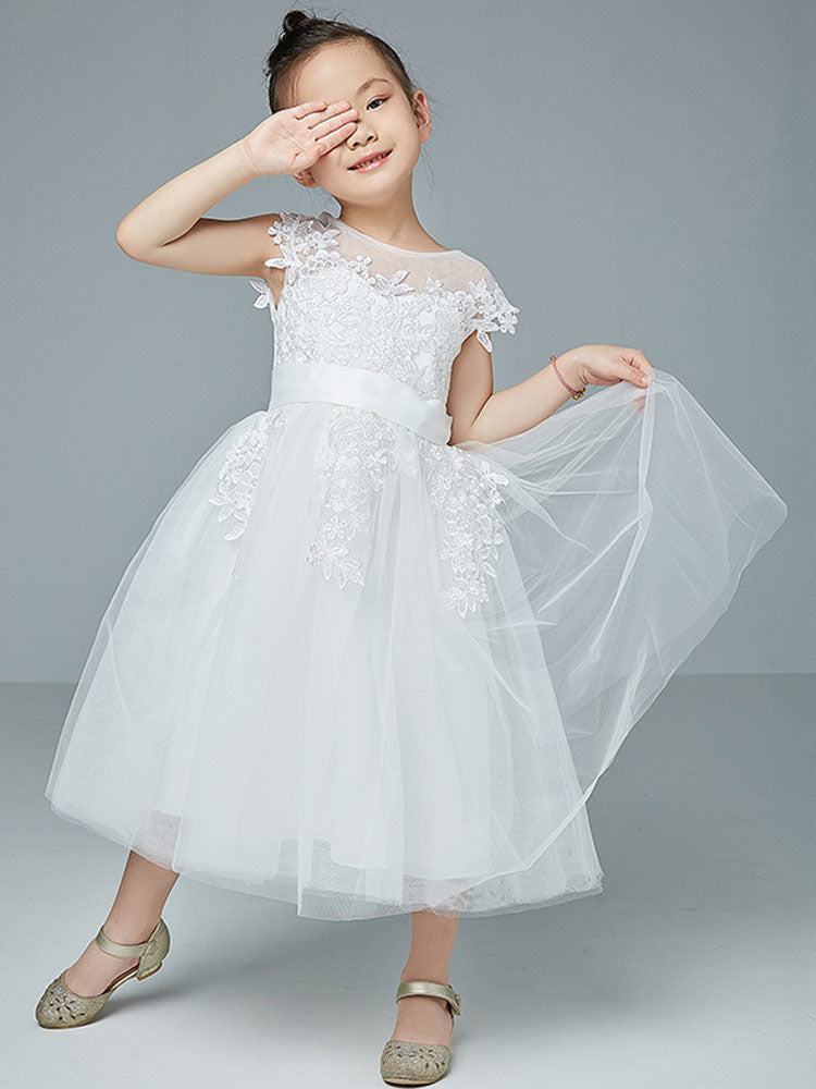 Jewel Neck Polyester Cotton Sleeveless Short Princess Embroidered Kids Social Party Dresses