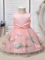 Jewel Neck Polyester Sleeveless Polyester Cotton Tulle Short A-Line Embroidered Kids Party Dresses