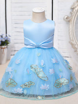 Jewel Neck Polyester Sleeveless Polyester Cotton Tulle Short A-Line Embroidered Kids Party Dresses