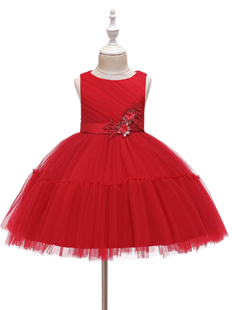 Jewel Neck Polyester Sleeveless Short Princess Bows Kids Party Dresses