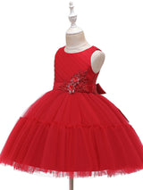 Jewel Neck Polyester Sleeveless Short Princess Bows Kids Party Dresses