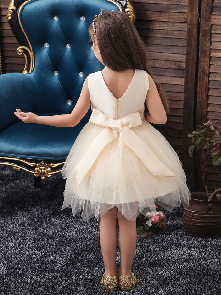 Jewel Neck Polyester Sleeveless Short Princess Bows Kids Social Party Dresses