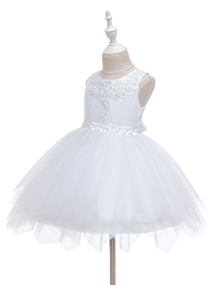Jewel Neck Polyester Sleeveless Short Princess Bows Kids Social Party Dresses