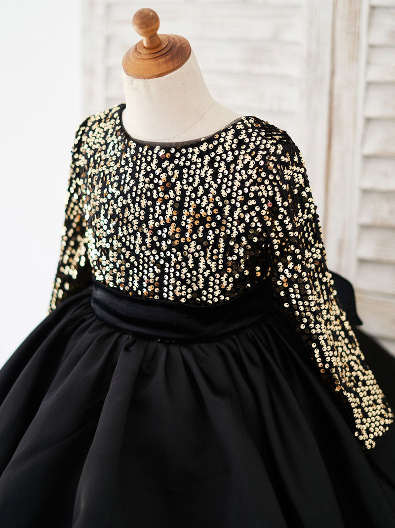 Jewel Neck Satin Fabric Long Sleeves Short Princess flower girl dress