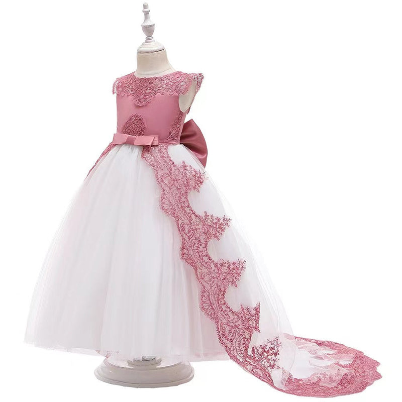 Jewel Neck Satin Fabric Sleeveless With Train Princess Lace Kids Party Dresses