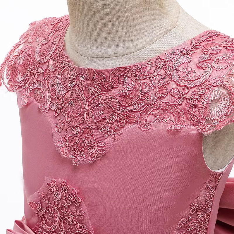 Jewel Neck Satin Fabric Sleeveless With Train Princess Lace Kids Party Dresses