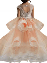 Jewel Neck Short Sleeves Applique Kids Social Pageant Dresses