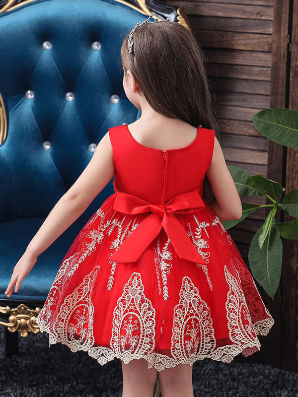 Jewel Neck Short Sleeves Bows Kids Social Party Dresses