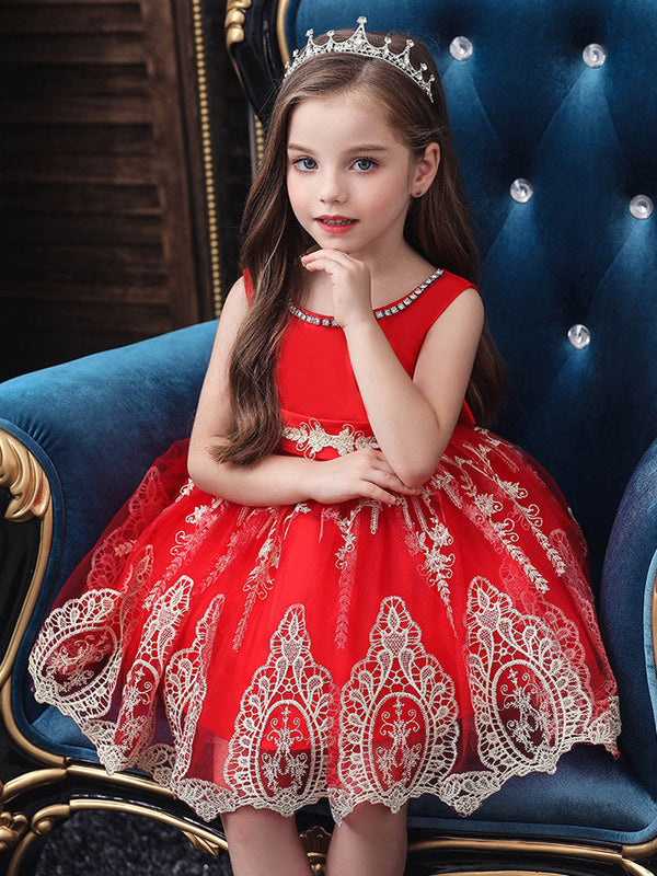 Jewel Neck Short Sleeves Bows Kids Social Party Dresses