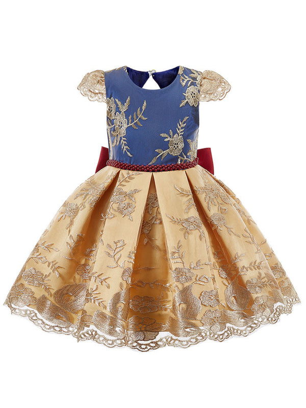 Jewel Neck Short Sleeves Embroidered Kids Social Party Dresses