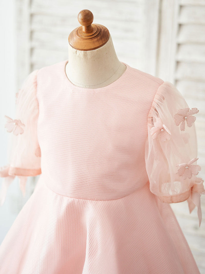 Jewel Neck Short Sleeves Kids Pink Social Party Dresses