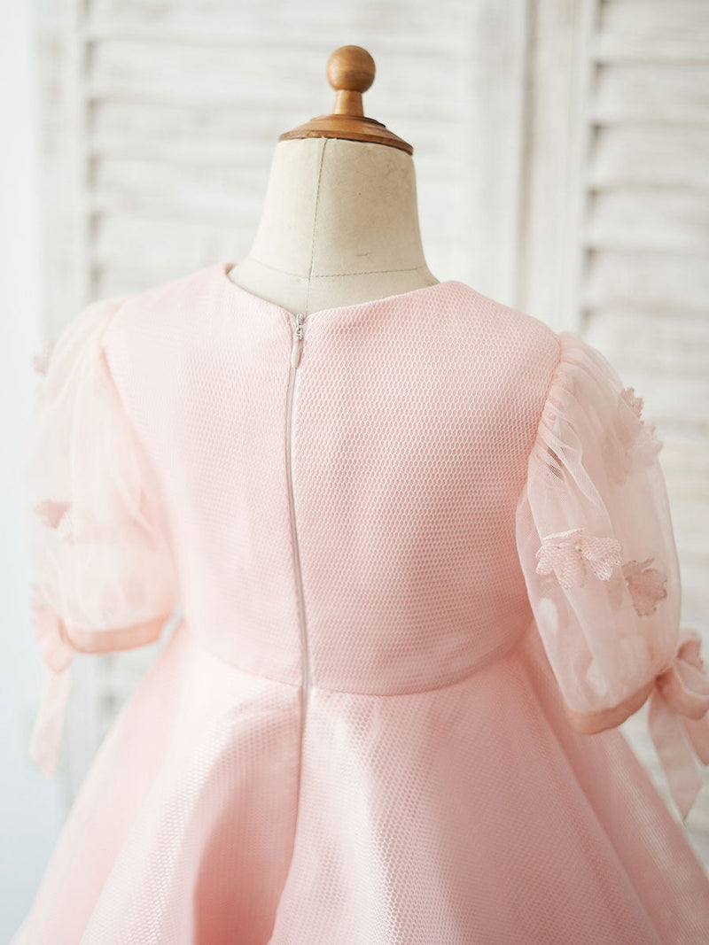 Jewel Neck Short Sleeves Kids Pink Social Party Dresses
