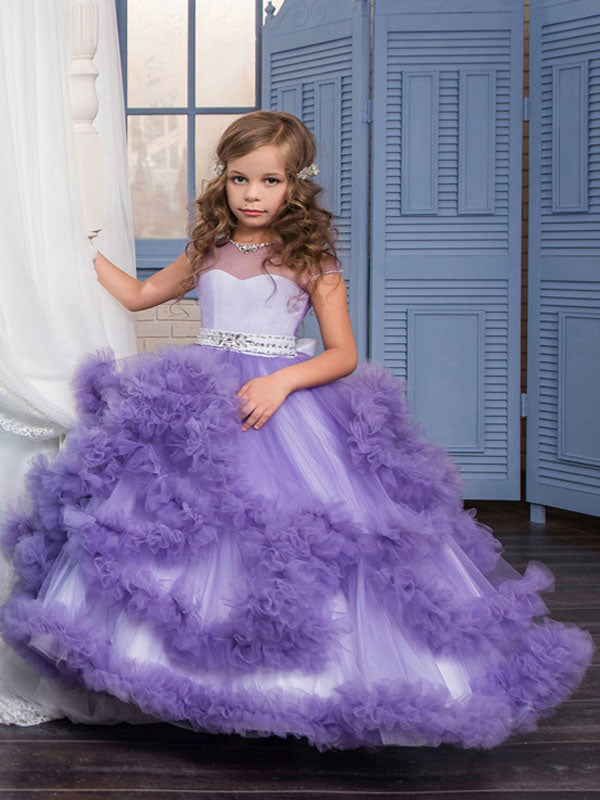 Jewel Neck Short Sleeves Rhinestones Kids Pageant flower girl dresses