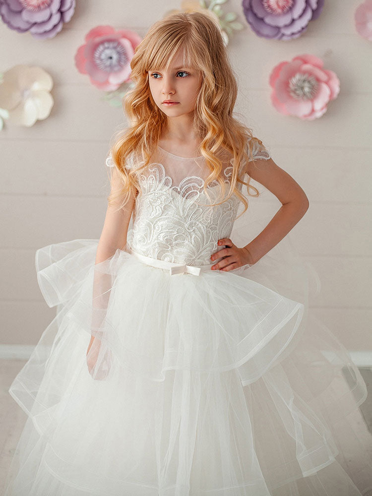 Jewel Neck Short Sleeves Tiered Kids Pageant flower girl dresses