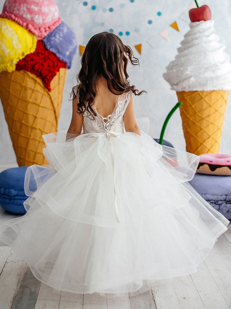 Jewel Neck Short Sleeves Tiered Kids Pageant flower girl dresses