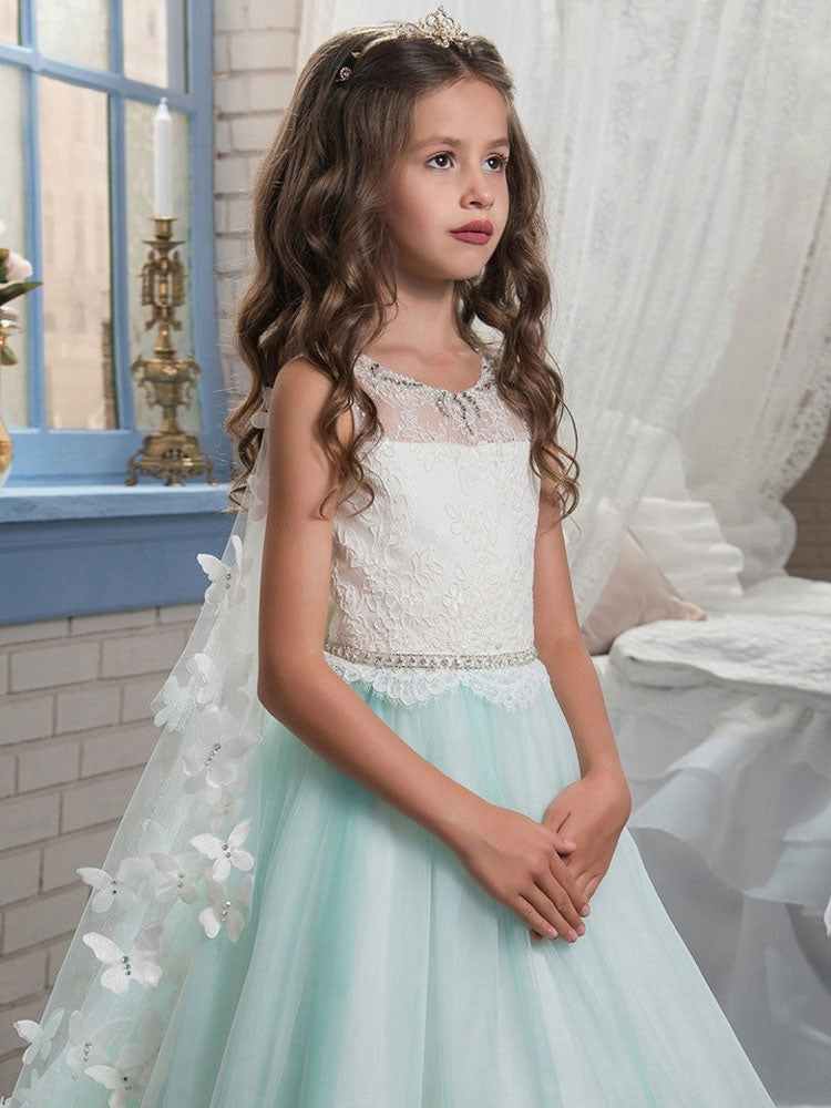 Jewel Neck Sleeveless Butterfly Detachable Wrap Formal Kids Pageant flower girl dresses