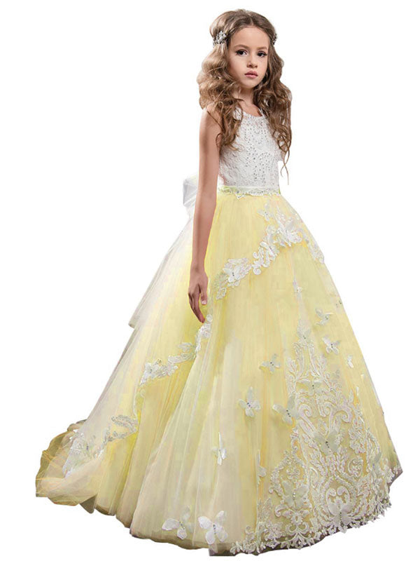 Jewel Neck Sleeveless Butterfly Formal Kids Princess Dresses
