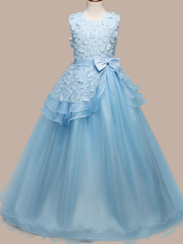 Jewel Neck Sleeveless Floor Length Bows Kids Pageant Party Dresses