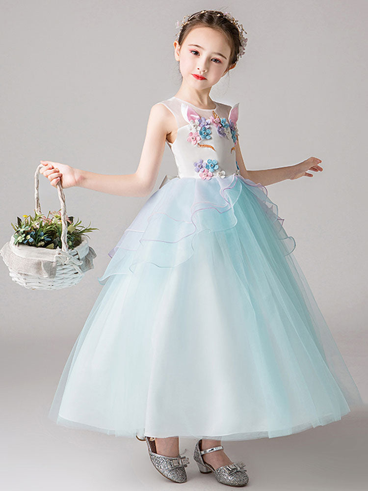 Jewel Neck Sleeveless Flowers Kids Party Dresses