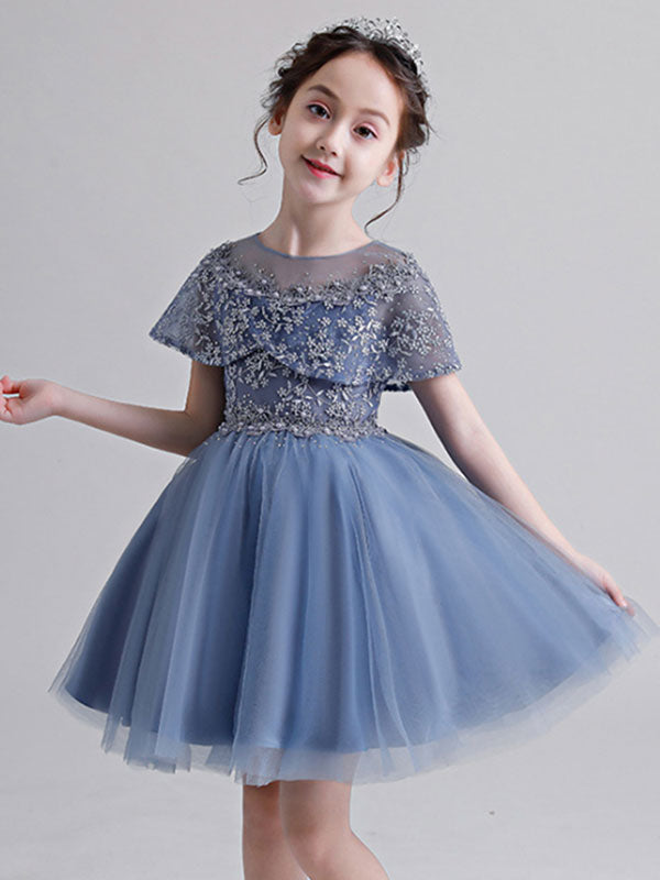 Jewel Neck Sleeveless Short Embroidered Kids Party Dresses With Wrap