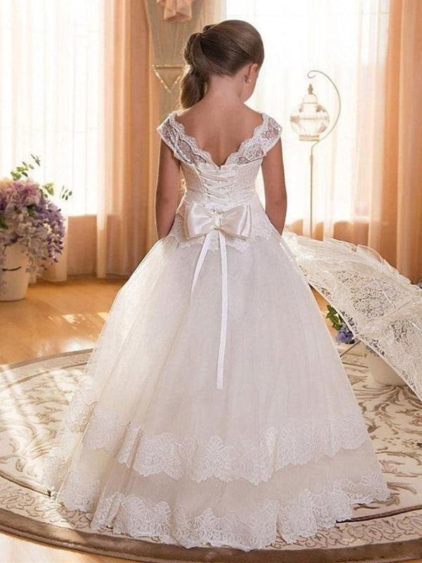 Jewel Neck Tulle Short Sleeves Floor Length Princess Bows Kids Formal Pageant Dresses