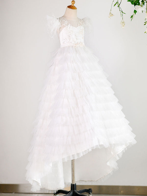 Jewel Neck Tulle Short Sleeves Floor Length Princess Lace Formal Kids Pageant flower girl dresses
