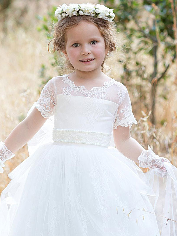 Jewel Neck Tulle Short Sleeves Princess Bows Formal Kids Pageant flower girl dresses