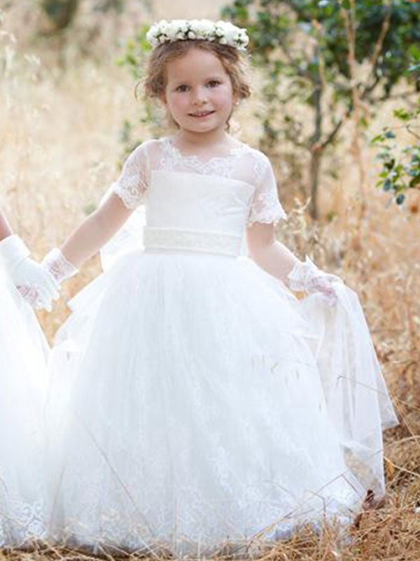 Jewel Neck Tulle Short Sleeves Princess Bows Formal Kids Pageant flower girl dresses