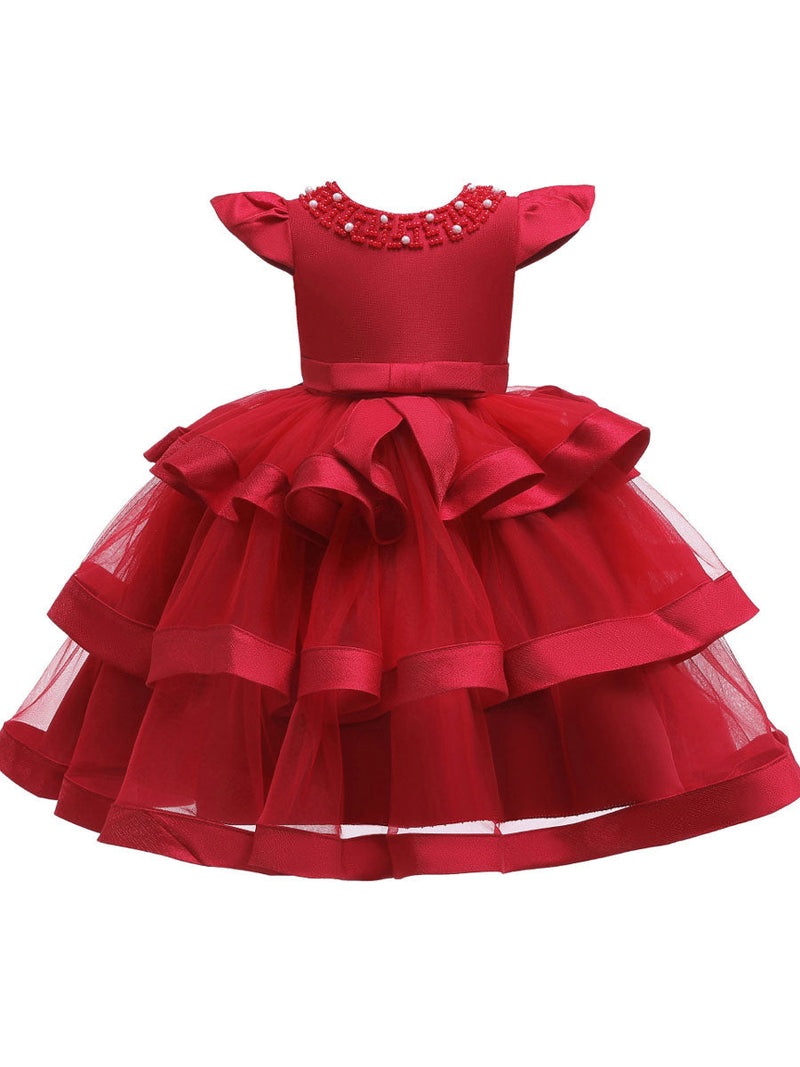 Jewel Neck Tulle Short Sleeves Short Princess Beaded Formal Kids Pageant flower girl dresses