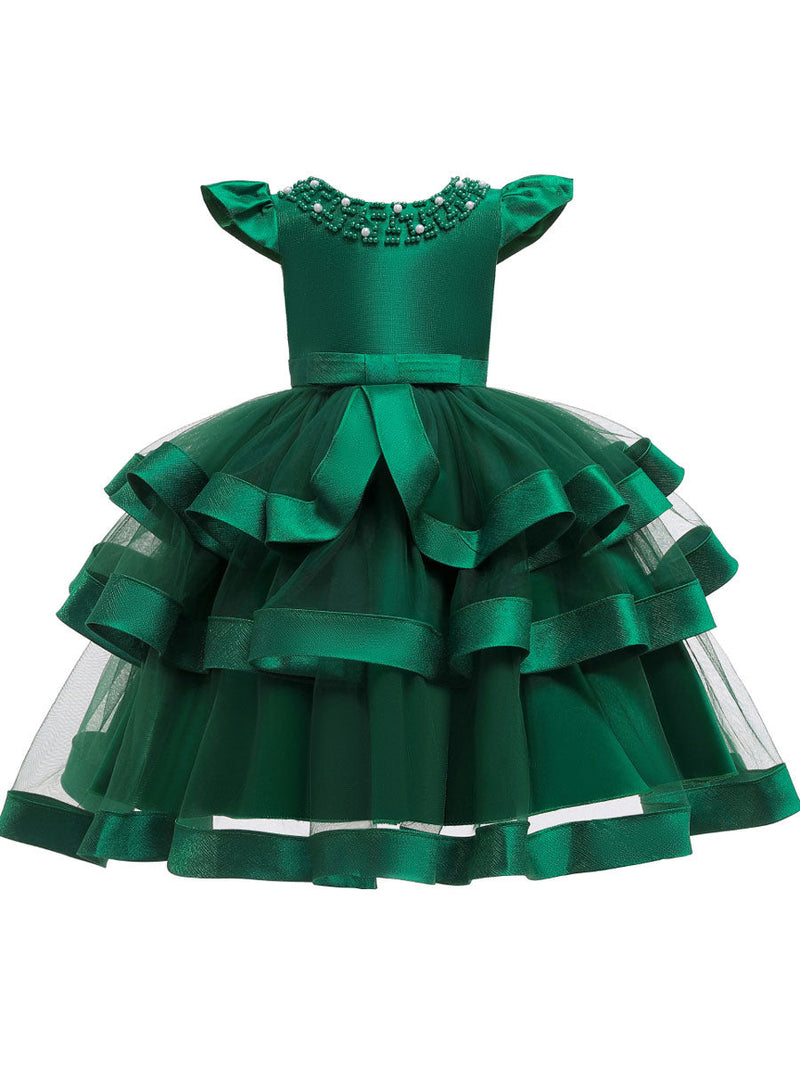 Jewel Neck Tulle Short Sleeves Short Princess Beaded Formal Kids Pageant flower girl dresses