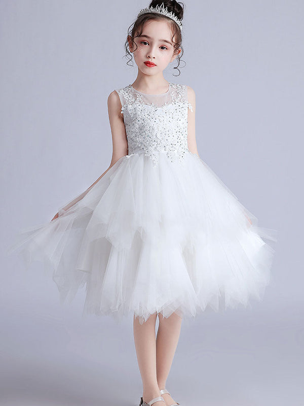 Jewel Neck Tulle Short Sleeves Short Princess Embroidered Kids Social Party Dresses