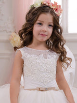 Jewel Neck Tulle Sleeveless Ankle Length Ball Gown Sash Kids Party Dresses