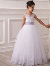 Jewel Neck Tulle Sleeveless Ankle Length Princess Bows Kids Party Dresses