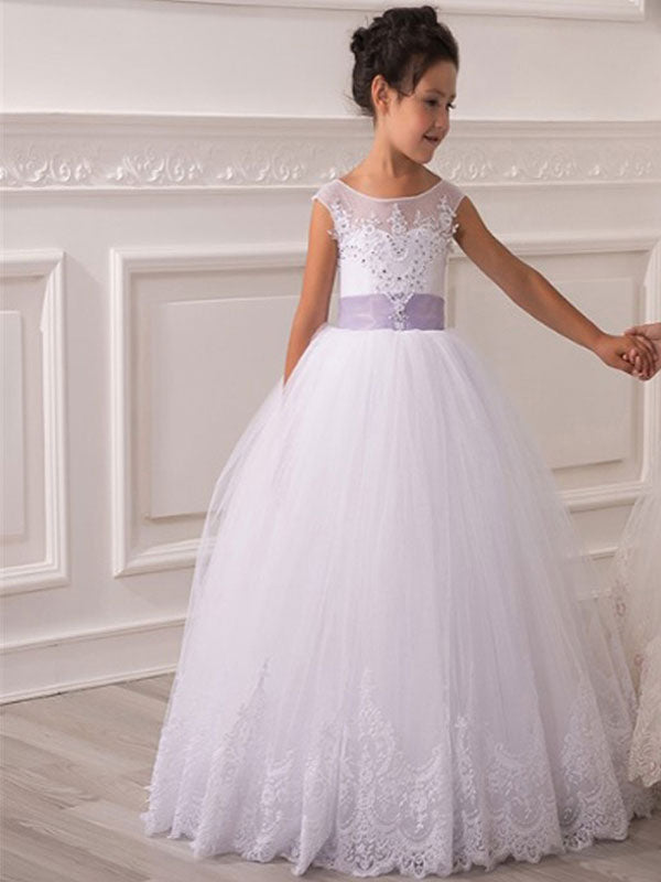 Jewel Neck Tulle Sleeveless Ankle Length Princess Bows Kids Party Dresses