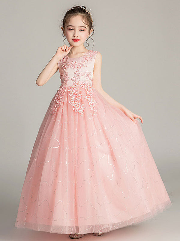 Jewel Neck Tulle Sleeveless Ankle Length Princess Embroidered Kids Party Dresses